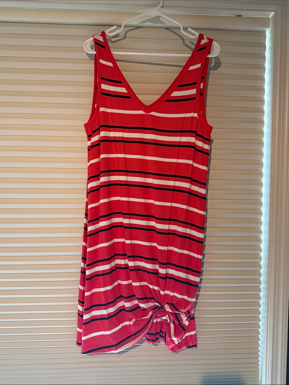 Striped Red Midi Dress with Front Knot Detail